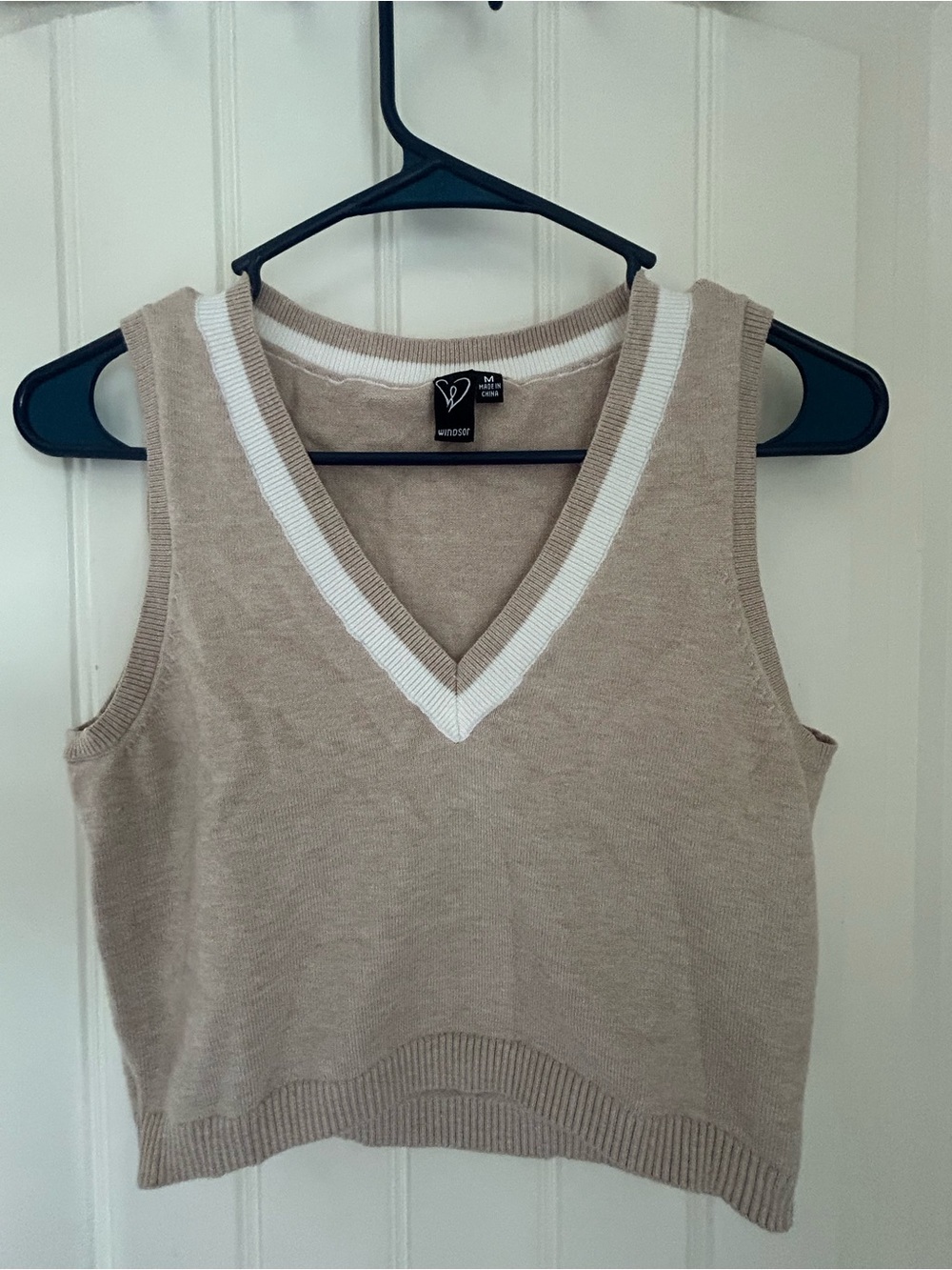 Windsor Taupe Sleeveless Cropped V-Neck Sweater Vest with White Trim